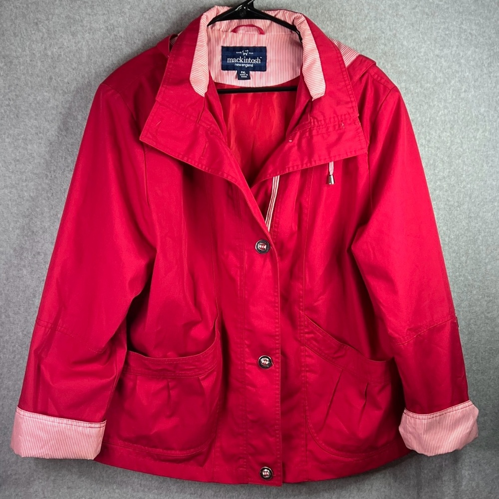 Mackintosh New England Women’s Hooded Rain Coat Size PXL Strawberry Red & White